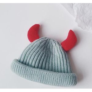 Children Knitted Hat Winter Warm Cartoon Ox Horns Woolen Hat  Size: Children 2-6 Years Old( Carob Green)