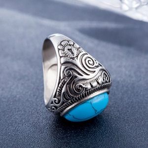 Europe and America Style Retro Gemstone Turquoise Men Titanium Steel Ring  Size: 13  Diameter: 22.3mm  Perimeter: 70mm(Blue)
