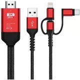 3 in 1 Micro USB + USB-C / Type-C + 8 Pin to HDMI HDTV Cable(Red)