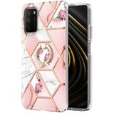 Voor Xiaomi POCO M3 / Redmi Note 9 4G / Redmi 9 Power / Redmi 9T Electroplating Splicing Marmeren Bloem Patroon TPU Schokbestendig Case met Rhinestone Ringhouder (roze bloem)