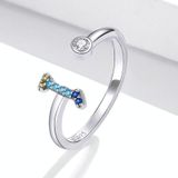 S925 Sterling Silver 26 English Letters Colorful Zircon Women Open Ring  Style:I