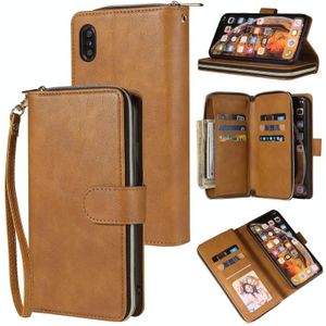 For iPhone XR Zipper Wallet Bag Horizontal Flip PU Leather Case with Holder & 9 Card Slots & Wallet & Lanyard & Photo Frame(Brown)