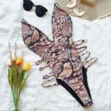 One-piece Open Back Swimsuit Snake Print Beach Bikini (Color:Beige Size:L)
