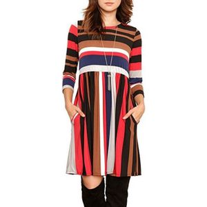 Ronde Hals Gestreepte Stiksels Kleur Met lange mouwen Casual Head A Style Dress  Maat: XL(Red Stripe )