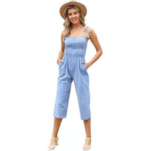 Vrouwen bijgesneden broek Solid Color Lace-up Fringe Sexy Sling Jumpsuit (kleur: Blauw Maat: M)