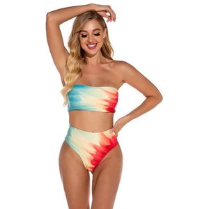 2 in 1 Polyester Tie-dye Tube Top Bikini Ladies High Waist Split Swimsuit Set with Chest Pad (Color:Red Yellow Blue Size:L)