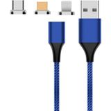 M11 3 in 1 5A USB to 8 Pin + Micro USB + USB-C / Type-C Nylon Braided Magnetic Data Cable  Cable Length: 2m (Blue)