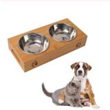 Cat Dog Pet Stainless Steel Feeding and Drinking Bowls Combination With Bamboo Frame  Size:S