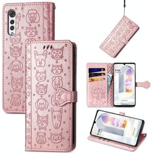 Voor LG Velvet 2 Pro mooie kat en hond embossing patroon horizontale flip lederen tas  met houder & kaart slots & portefeuille en cartoon clazing & lanyard (rose goud)