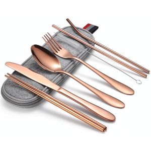 7 in 1 Cutlery Spoon Chopsticks And Straw Set Stainless Steel Portable Cutlery Set  Specification: Rose+ Light Bag