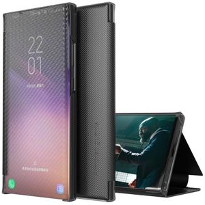 For Samsung Galaxy A50 Carbon Fiber Texture View Time Horizontal Flip Leather Case with Holder & Touch Call Display ID(Black)