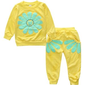 Spring and Autumn Girls Sun Flower Pattern Long Sleeve Top + Pants Set  Size:120cm(Yellow)