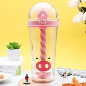 401-500ml Stirring Cup Cartoon Straw Cup Student Plastic Water Cup Portable Children Cup(Pink)