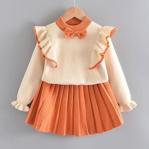 Girls Flying Sleeve Knitted Sweater Suit (Color:Orange Size:130)