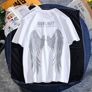 Wings Reflective Round Neck Short-sleeved Loose Printed Cotton T-shirt (Color:White Size:XXXXXL)