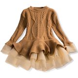 Winter Girls Knit Long Sleeve Sweater Organza Dress Evening Dress  Size:110cm(Khaki)