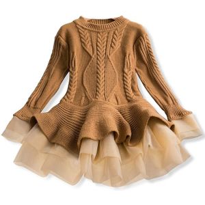 Winter Girls Knit Long Sleeve Sweater Organza Dress Evening Dress  Size:110cm(Khaki)