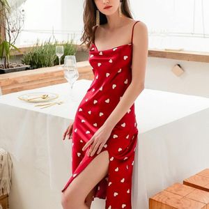 Summer Love-heart Pattern Nightdress Imitation Silk Long Suspender Dress for Ladies (Color:Red Size:L)