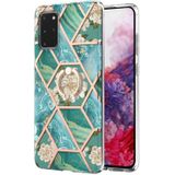 Voor Samsung Galaxy S20 + Electroplating Splicing Marmeren Bloempatroon TPU Schokbestendig Case met Rhinestone Ringhouder (Blauwe Bloem)