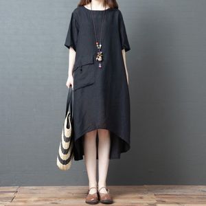 Summer Round Neck Large Pockets Cotton Mid-length Loose Dress for Women (Color:Black Size:M)