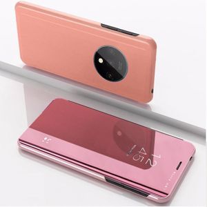 For One Plus 7T Plated Mirror Horizontal Flip Leather Case  with Stand Mobile Phone Holster(Rose Gold)