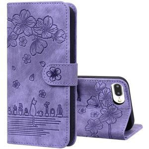 Cartoon Sakura Cat Embossed Leather Case For iPhone 7 Plus / 8 Plus(Purple)