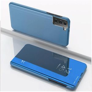For Samsung Galaxy S21 FE Plated Mirror Horizontal Flip Leather Case with Holder(Blue)