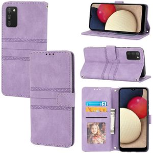 For Samsung Galaxy A02s Embossed Striped Magnetic Buckle PU + TPU Horizontal Flip Leather Case with Holder & Card Slot & Wallet & Photo Frame & Sling(Purple)