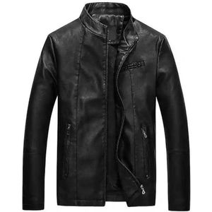 Men Slim-fit Washed PU Leather Jacket (Color:Black Size:XXL)