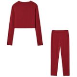 Herfst Winter Solid Color Slim Fit Lange Mouwen Sweatshirt + Broek Pak voor Dames (Kleur: Wijnrood Maat: XXL)