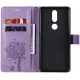 For Nokia 2.4 Tree & Cat Pattern Pressed Printing Horizontal Flip PU Leather Case with Holder & Card Slots & Wallet & Lanyard(Light Purple)