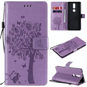 For Nokia 2.4 Tree & Cat Pattern Pressed Printing Horizontal Flip PU Leather Case with Holder & Card Slots & Wallet & Lanyard(Light Purple)