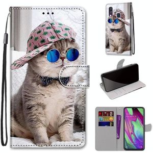 For Samsung Galaxy A40 Coloured Drawing Cross Texture Horizontal Flip PU Leather Case with Holder & Card Slots & Wallet & Lanyard(Oblique Hat Blue Mirror Cat)
