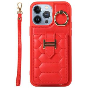 Voor iPhone 13 Pro Max Vertical Card Bag Ring Holder Phone Case met Dual Lanyard (Rood)