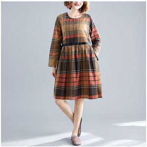Large Size Loose Looking Thin Western Style Mid-length Plaid Dress (Color:Yellow Size:M)