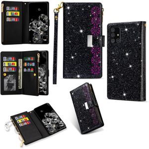 For Samsung Galaxy A71 Multi-card Slots Starry Sky Laser Carving Glitter Zipper Horizontal Flip Leather Case with Holder & Wallet & Lanyard(Black)