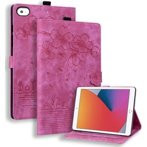 Voor iPad mini 5/4/3/2/1 Cartoon Sakura Kat Reliëf Smart Leather Tablet Case (Rose Rood)