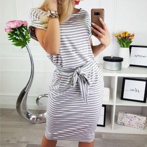 Slim-fit Waist Slimming Round Neck Striped Belt Dress (Color:Pinstripe Gray Size:M)