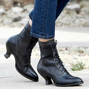 Vrouwen hoge hakken groot formaat Lace laarzen Fighter retro PU lederen ronde teen schoenen  schoenmaat: 43 (zwart)