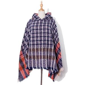 Spring Autumn Winter Checkered Pattern Hooded Cloak Shawl Scarf  Length (CM): 135cm(DP2-01 Navy)