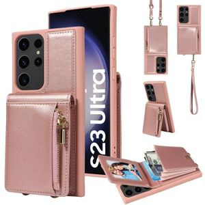 Voor Samsung Galaxy S23 Ultra 5G Crossbody Lanyard Rits Portemonnee Lederen Telefoonhoes (Rose Goud)