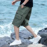 Summer Cotton Solid Color Loose Casual Cargo Shorts for Men (Color:Army Green Size:XXXXL)
