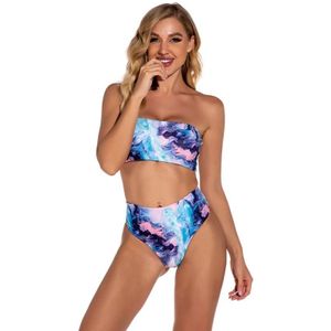 2 in 1 Polyester Tie-dye Tube Top Bikini Ladies High Waist Split Swimsuit Set with Chest Pad (Color:Pink Blue Size:XL)