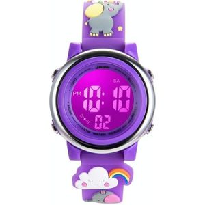 JNEW A380-86664 Children Cartoon 3D Happy Small Elephant Alarm Waterproof Sports LED Digital Watch(Dark Purple)