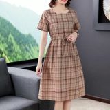 Short-sleeved Loose Belly-covering Mid-length Floral Dress (Color:Khaki Size:XXL)