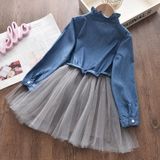 Girls Denim Jacket + Mesh Skirt Two Sets (Color:Dark Blue Size:140)