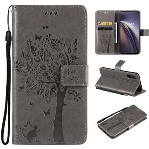 Tree & Cat Pattern Pressed Printing Horizontal Flip PU Leather Case with Holder & Card Slots & Wallet & Lanyard For OnePlus Nord CE 5G(Grey)