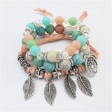 Vintage Ethnic Elasticity Marble Beads Bracelet Boho Leaves Bangle Bracelet(Colorful)