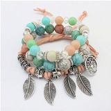 Vintage Ethnic Elasticity Marble Beads Bracelet Boho Leaves Bangle Bracelet(Colorful)