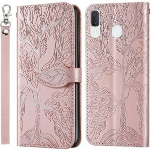 For Samsung Galaxy A20e Life of Tree Embossing Pattern Horizontal Flip Leather Case with Holder & Card Slot & Wallet & Photo Frame & Lanyard(Rose Gold)